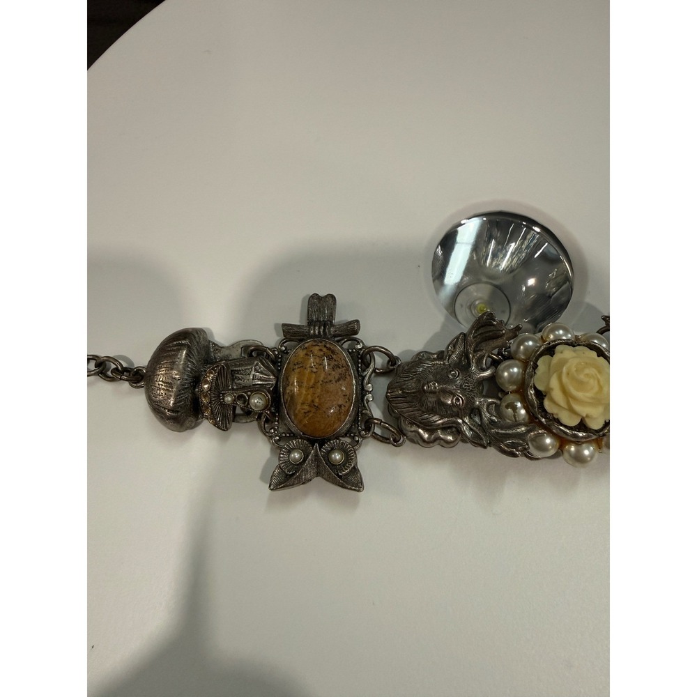 Mary DeMarco Woodland Charm Bracelet Jasper Mushroom Stag Rose Silver Tone